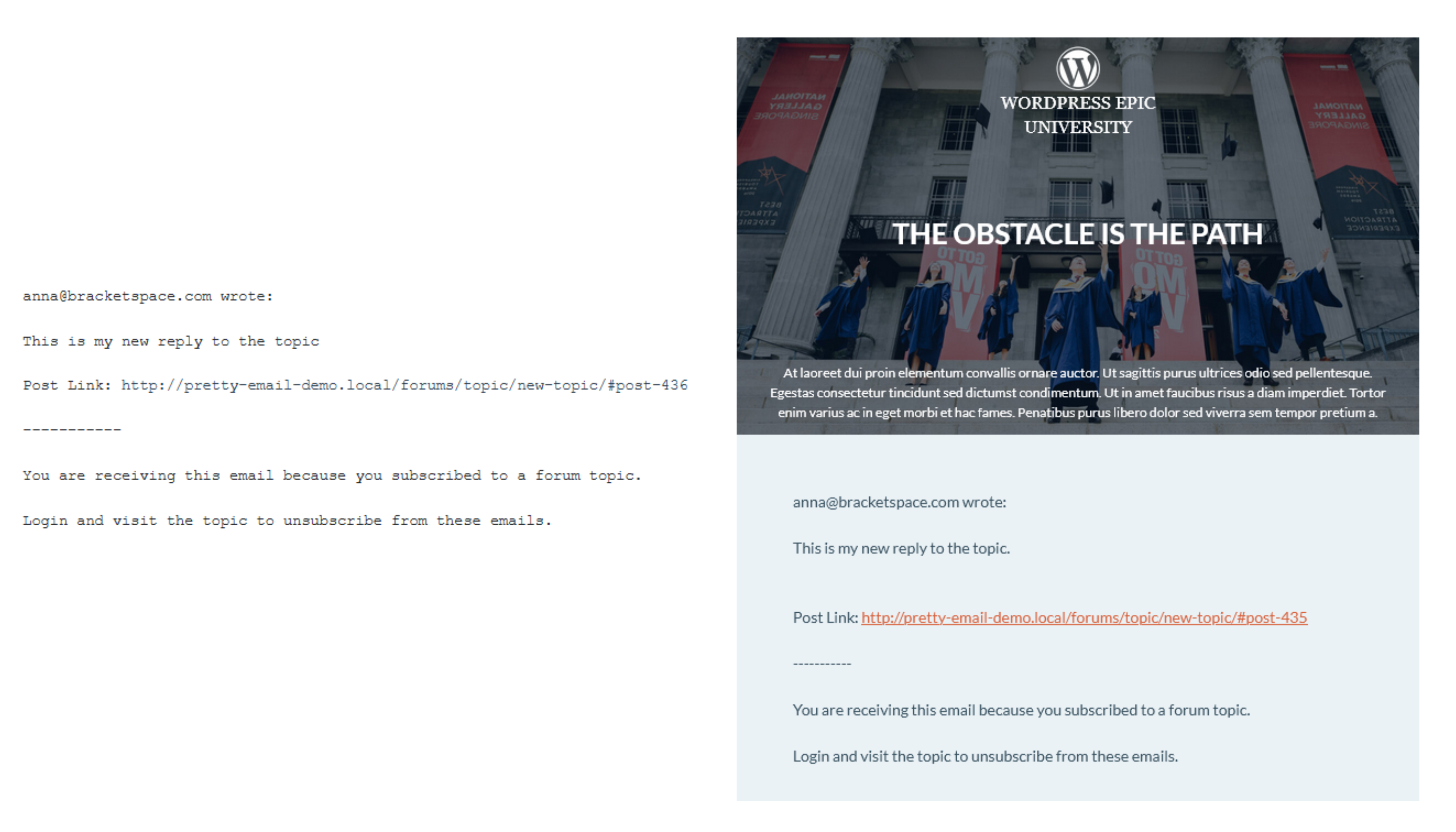 Before and after comparison of bbPress emails with Pretty Email templates