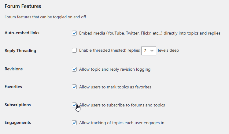 bbPress Forum Features settings section