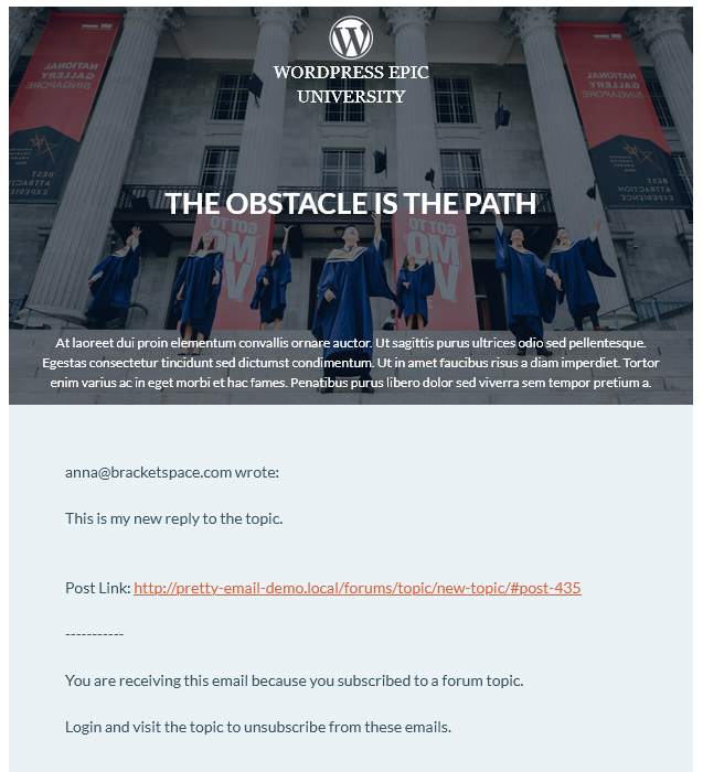 bbPress notification email with Pretty Email template applied