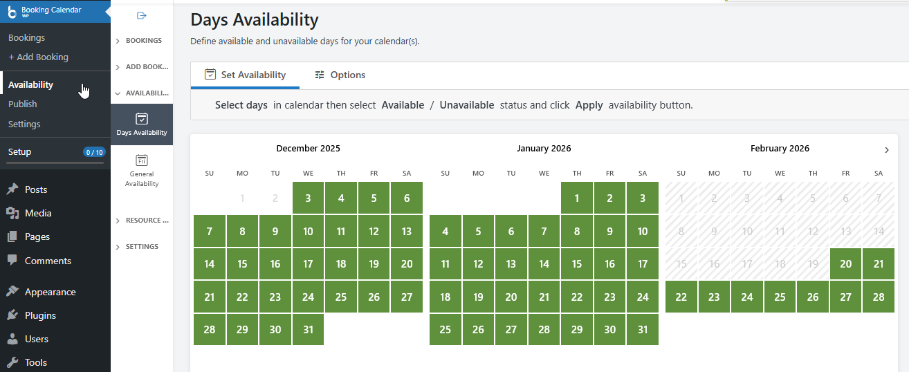 Booking Calendar availability configuration interface