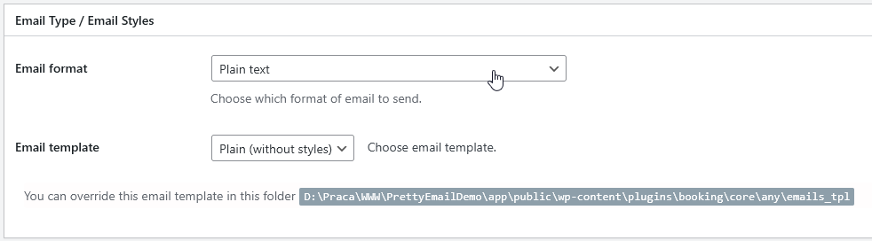 Booking Calendar email notifications plain text configuration