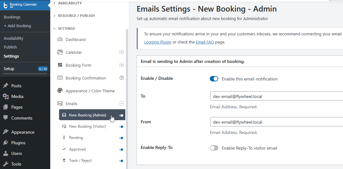 Booking Calendar email notifications configuration