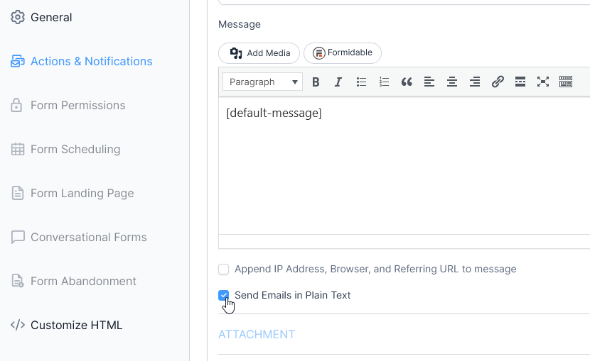 Formidable Forms plain text email option checkbox