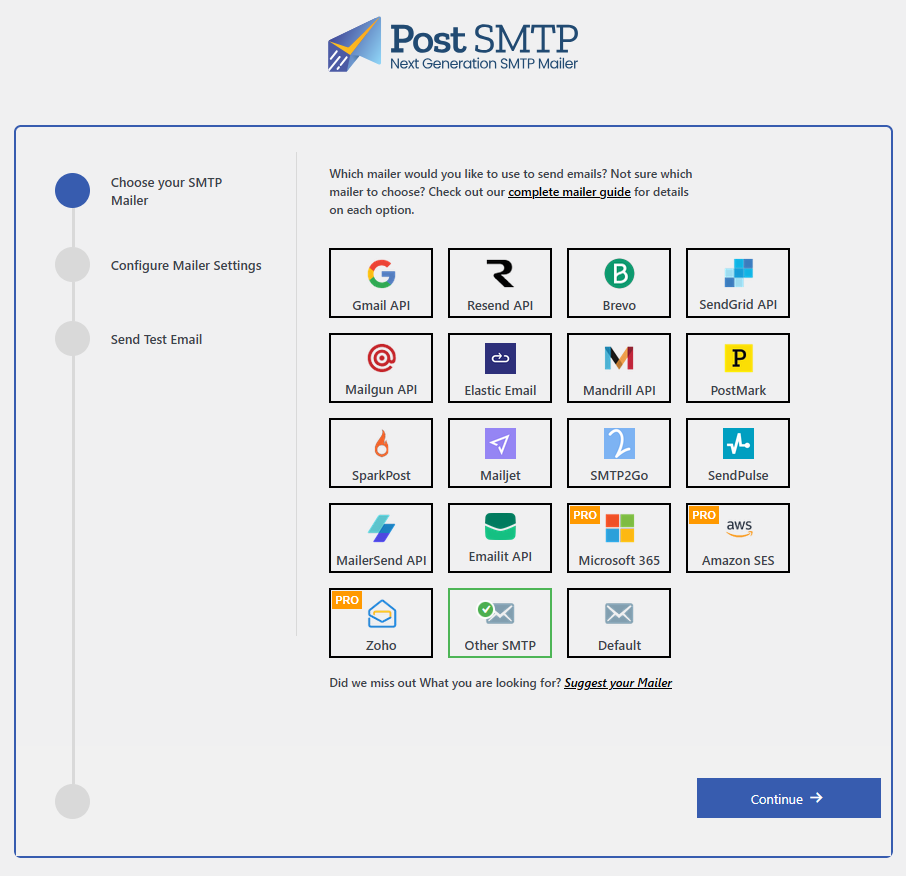 Post SMTP mailer selection interface