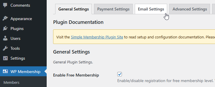 Simple Membership email settings configuration panel