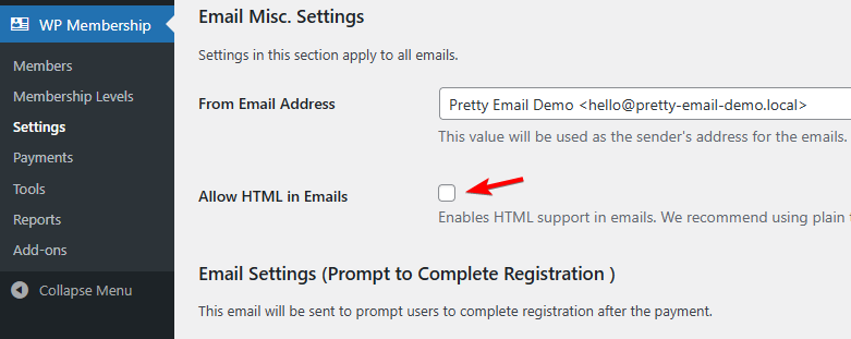 Simple Membership HTML email option - must be disabled
