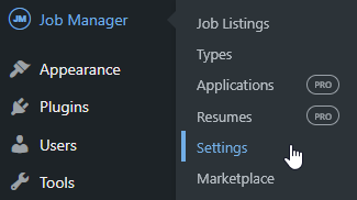 WP Job Manager settings menu navigation